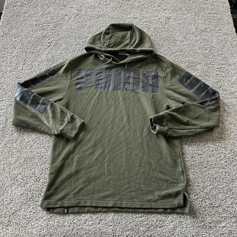 Puma Hoodie Mens Medium Green Knit Pullover PUMA Logo Sleeve Graphic Sweatshirt